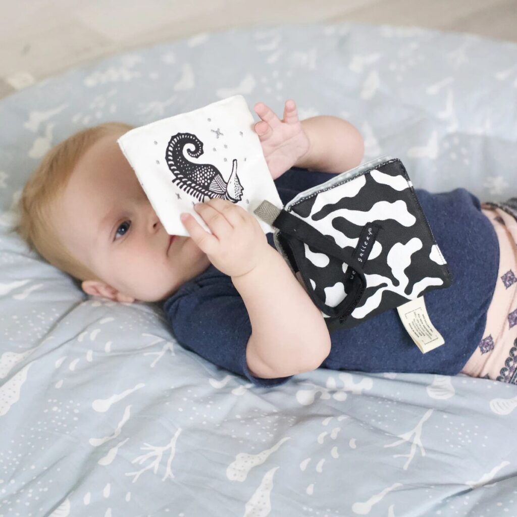 Quels jouets proposer à un bébé de 3 à 6 mois ? Le guide pour bien les choisir 3 Livre sensoriel bébé en tissu, noir et blanc à accrocher Océan - Wee gallery