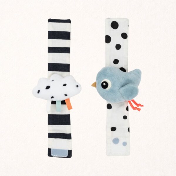 hochet de poignet lot de 2 pour bébé Happy clouds bleu Done by Deer